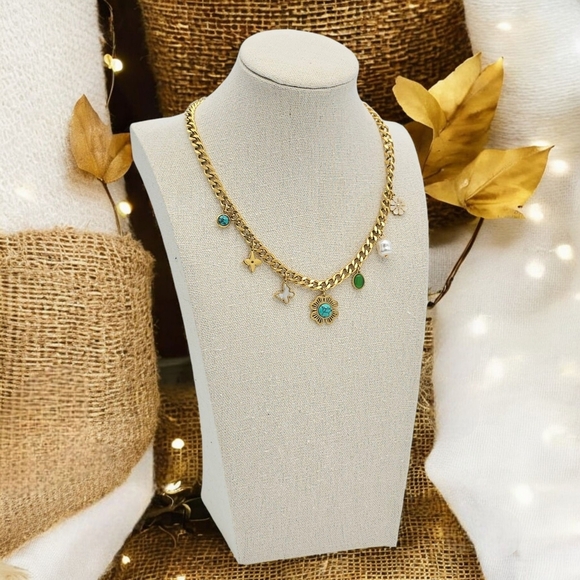 🆕Chunky 18K Gold Plated TrendybNecklace Colorful Charms Pearl Accents Y2K Style - Picture 11 of 13